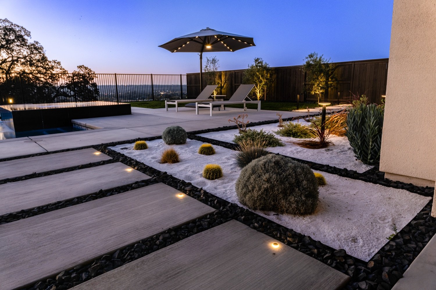 Designed landscape at twilight